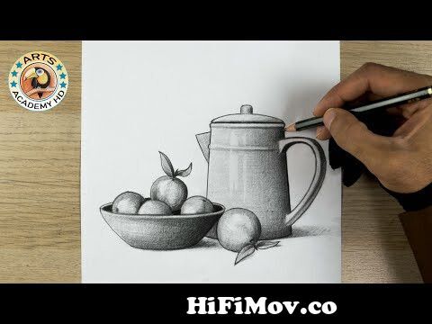 Classic training graphic still life with various objects - vase, vegetable  marrow, onion, pan, suit case on the table. Pencil drawing on paper.  Artistic sketch. Illustration Stock | Adobe Stock