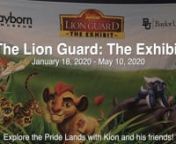 The Lion Guard: The ExhibitnJanuary 18, 2020 - May 10, 2020nnExplore the Pride Lands with Kion and his friends!nnTrain with each member of the Lion Guard to protect the balance of the Circle of Life. Enjoy hands-on activities and imaginative play and discover the importance of teamwork as well as the unique traits of the Lion Guard.