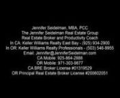 Jennifer Seidelman - Keller Williams Realty East Bay - Walnut Creek, CAnnwww.jen4re.comnjennifer@jenniferseidelman.comn925-864-2888n201 N. Civic Drive, Walnut Creek, CA 94596nhttps://unionreporters.com/company/jennifer-seidelman-keller-williams-realty-east-bay/nnA dynamic leader with fresh insight and a passion for real estate, Jennifer Seidelman leads The Jennifer Seidelman Real Estate Group in Walnut Creek, CA and Portland, OR. With over 20 years of experience in sales, marketing, coachin