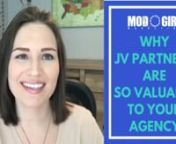 Do you currently have any JV partnerships?nnSwipe my &#36;10k proposal template here: http://www.modgirl.agencynnIn this video, from a Remote Agency Society Mastermind Session, I discuss JV partners and how leveraging partnerships with your clients vendors can result in more clients for you. If you have clients you are already getting great results for you should be leveraging them by asking for an introduction with their vendors. Who can then introduce you to their other clients that may benefit fr