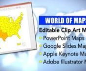 The World of Maps collection includes royalty-free editable, clip art maps in PowerPower, Adobe Illustrator and JPG. Maps included in the collection are the USA, Canada, US States, Canadian Provinces, Counties, World Projections, Globes, World Regional maps, and over 100 countries.nnMaps are perfect for sales and marketing presentations, setting up sales territories, education, websites, homeschool, and hobbies. Anywhere you need an outline map that is easy to customize, our maps work.nnOur Powe