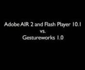 A direct comparison between the built-in support for multitouch found in Adobe Flash Player 10.1 beta / Adobe AIR 2 and that of the Gestureworks multitouch framework for Flash. More about this comparison can be found on the Gestureworks website (www.gestureworks.com) and the Ideum website (www.ideum.com).nnThere is a blog post with more about this comparison and links to all of the example files at: www.ideum.com/2010/01/true-multitouch-wi th-adobe-flash/