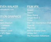 Although this reel is dated 2014, it showcases visual effects and motion graphics work I did from 1997 to 2007. At Banned From The Ranch Entertainment I worked on the films: Spawn, Titanic, Deep Rising, Dr. Do Little, and the Star Trek Insurrection Paramount Trailer. At Persistence Of Vision I worked on Titan AE. And at Reality Check Studios I worked on: Behind Enemy Lines, Jersey Girl, NFL on CBS, NHL on ESPN, Claritin commercials, RealD theater graphics, The Core, Poseidon Mini Series, and Sky