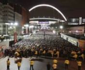 Here is a short time-lapse of fans leaving Wembley Stadium after Brazil played England in an international friendly on February 6, 2012. I was positioned on a bridge over the walkway in front of the Wembley Park tube station. The police use the horses to regulate the flow of people in to the tub station, so the platforms do not become dangerously crowded.nnThe match was obviously a sold out stadium of 90,000. The time-lapse begins about 20 minutes after the fans started leaving and about an hour