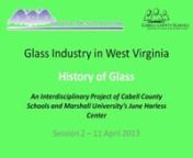 History of GlassnWorldnInvention/DiscoverynEarly UsesnSpread of Glass TechnologynUSnJamestownnPittsburghnWest Virginia nWhy glass in WVnEarly WV glassmakersnWV Glass Labor