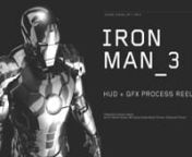 In late 2012 I joined forces with Cantina Creative to help deliver over 100 shots for IRON MAN 3.nnMarvel tasked us with designing all the elaborate 3D head-up displays (HUDs) – a virtual graphical interface that Iron Man sees from within the helmet environment of his armored suits that communicate essential data and statistics ranging from his physical condition to weapon and navigational diagnostics – While putting strong emphasis on the new ultra-high-tech Mark 42 suit, we also delivered