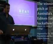 BEAT is a prototype for a dashboard to be used in the newsroom. It&#39;s a map that shows where crimes are happening in Western Australia in real time — and overlays it with newsroom resources. It allows editors and reporters to spot patterns, respond to breaking news and deploy news resources smarter and faster. It was developed by Ben Martin, Joe Hardy and Sophia Lewis of Perth-based The West Australian for the Walkleys Editors Lab hackathon at Macleay College in Sydney on March 3-4, 2016. It w