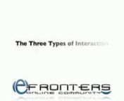 The three types of interaction are built into eFront to accomplish certain learning objectives. eFront is a Course Management System (CMS), a user friendly, visually attractive, open source software package, which is SCORMcertified.nnJoin eFronters Online Community http://efronters.ning.comnnMoore (1989) believes that interaction is a central component of online education and he describes three types of interaction:nn 1. Learner to content,n 2. Learner to instructor, andn 3. Learner to l