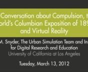 Lisa M. SnydernThe Urban Simulation Team and Institute for Digital Research and Education, University of California at Los Angelesn1111 School of Architecture (Building 145)nnTuesday, March 13, 2012 @ 2:00 pmnCo-sponsored by the School of ArchitecturennIs there a place for virtual reality in the digital humanities toolkit? For all of the early hype surrounding the use virtual reality for teaching and learning and the ubiquity of online options for exploring three-dimensional worlds, the challeng