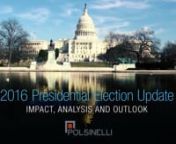 On November 8, American voters will elect the next President of the United States. Whether Democrat or Republican, the impending change in leadership will most certainly impact policy––in ways unique to either outcome.nnPolsinelli invites you to join us for a 2016 Presidential Election Update: Impact, Analysis and OutlooknnPolsinelli’s Public Policy group’s bipartisan team of political and issue analysts, including two former U.S. Congressmen Alan Wheat (D-MO) and John Shadegg (R-AZ), al