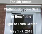For the 5th year, Ginny Robertson will host a sale of new and gently used women&#39;s clothing, handbags, shoes, jewelry and scarves. 100% of the proceeds go to support the women of Light of Truth.Most items are &#36;10 and under and hundreds of items are just 50 cents!All sizes - many designer pieces.This year we&#39;re adding a special room for high end items. Check it out for some great bargains!nnGo to https://www.facebook.com/events/1575436639408227/ for more info