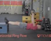 The ring row starts very much like the pull-up or chin up.The feet will remain in contact with the floor.Begin by setting the rings at shoulder width.Actively grip the rings with either a false grip or a hook grip.Begin by laying back into a position where you can hang from while the feet are still on the ground.nnStart by squeezing your butt and then your abs to form a solid core.During the entire movement there should be no sagging in the middle.Rotate your hands, pull your elbows