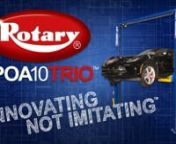 Rotary&#39;s Newest 2-Post Car Lift is reinventing the standard, combining legendary quality construction with the most advanced arm design on the market today.nnThe SPOA10TRIO is the first two post lift that can accommodate all three interchangeable adapters.Whether you need truck adapters for engaging a frame, Rubber Adapters for uni-body vehicles, or the time tested flip-up adapters for even more versatility.nnAll three can be changed out easily in a matter of seconds giving your technicians