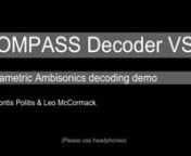 COMPASS is a framework for advanced parametric processing of spatial audio encoded or recorded in the Ambisonics format. This video show a VST audio plugin implementation of a COMPASS decoder to arbitrary loudspeaker setups.nnFor more information and download links:nhttp://research.spa.aalto.fi/projects/compass_vsts/nnCredits:nn- Garage Band mono samples, mix by DJ Yucchi Bonaqua, 2012nnFOA recordings:n- Mustang P51-D Power Dive, recorded by John Leonard, London UK 2007navailable at www.ambisoni