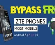 ZTE FRP Removal Tool: http://tinyurl.com/skipfrpnnEasily bypass FRP lock on ZTE without access to original user account and password. No device modifications are needed just your PC, USB lead and the application included in this tutorial. This is a fool proof method for those of you who are not tech savvy and we have chosen this method because it has been one of the most reliable from 2015 until now 2018.nnIf links go down do not ignore them! Send us a message or e-mail and we will update them a