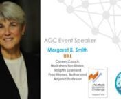 Watch as Margaret B Smith shares a motivational talk with AGC about Courage.nnLeadership: What does Courage have to do with it?nCourage shows up in all phases of leadership, courageous conversations, appropriate risk taking, accountability of your self and others,nmanaging change...let&#39;s dig in and see where you need to be more courageous and the difference it could have.nnMargaret B. Smith is a career coach, educator, speaker and author and the founder of UXL.Her clients share a desire to dev