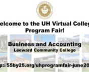 June 2020 UH Virtual College Program FairnnLeeward Community College: Business and Accounting nPresenter(s): Joy Lane, Rien VidadnContact: joylane@hawaii.edu, rien@hawaii.edu