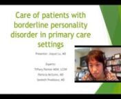 Resident Grand Rounds - UPMC Western Psychiatric HospitalnnWednesday, June 10th, 2020nnTreatment of Borderline Personality Disorder in Primary Care SettingsnnPresented by Jiayun Lu, MD - PGY-5 Family Medicine/Psychiatry ResidentnnInvited ExpertsnnPatricia McGuire, MD, Director of Psychiatric Education, UPMC St. Margaret Family Medicine ResidencynnSanketh Proddutur, MD, Assistant Medical Director of New Kensington Family Health Center, UPMC St. Margaret Family Medicine ResidencynnTiffany Painter,