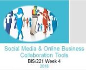 BIS/221 Brand NEW 2018 Tutorials JUST UPLOADED! Download NOW @ http://UOP-Tutorials.info/bis221.htmlnnSocial Media and Online Collaboration ToolsnInstructions:nPurpose of AssignmentnThe purpose of this assignment is to familiarize students with thenmultiple collaboration tools available. Students will evaluate three onlinencollaboration tools and choose one to suit their needs. Students willncreate a PowerPoint® presentation to display the advantages andndisadvantages of each tool, recommend on