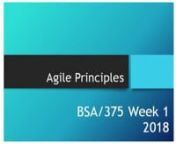 Download BSA/375 Week 1 NOW @ http://UOP-Tutorials.info/bsa375.htmlnnIndividual: Agile PrinciplesnResource: Principles behind the Agile ManifestonCreate an 8- to 12-slide Microsoft PowerPoint presentation that summarizes the Agile Manifesto. Include speaker notes.nPresent at least two points of praise (i.e. Agile principles you believe are positive/productive).nPresent at least two points of criticism (i.e. Agile principles you believe are negative/counterproductive).nContrast the Agile methodol