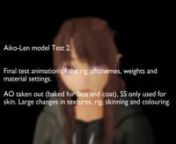 Another test video for my second len model (based on the Aiko3 daz head model). This was made for me to get a set animation that i can test my basic phoneme shapes and actions with the model with. Built in blender, this uses lattices, bones, shape keys and action drivers to get the face to animate. This was created in May2010.nnSince the last vid, i have worked massively on the model and furthered my understanding of the different things gone into it. I learned to bake the AO for the face and co