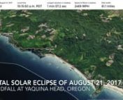 See the Great American Eclipse of August 21, 2017. This animation simulates the view of the Moon&#39;s shadow as it enters the US at the Oregon coast. This animated map is built with an accurate imagery and terrain base map utilizing extremely accurate figures for the Moon&#39;s shadow developed by NASA&#39;s Scientific Visualization Studio. This video can be freely shared on social media, on websites and blogs, and broadcast media. To view this best, download the HD version from Vimeo and watch full-screen