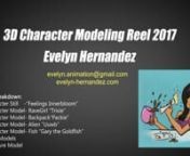 the focus of my reel is 3D characters, but I have also included some prop and creature work to show verity in my work.nnShot Breakdown:n1. Character Still-“Feelings Innerbloom”n2. Character Model- RaveGirl “Trixie”n3. Character Model- Backpack“Packie”n4. Character Model- Alien “Uuwb”n5. Character Model- Fish “Gary the Goldfish”n6. Prop Modelsn7. Creature Model nnall work was created in Maya with topology being optimized for animation. These character have all been rigged