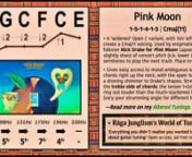 Full page: https://ragajunglism.org/tunings/menu/pink-moon/ &#124; “A ‘widened’ Open C variant, with 1str left at E to create a Cmaj11 voicing. Used by enigmatic English folkster Nick Drake for Pink Moon, the opening track of his 1972 album of the same name: capoed at 2fr, and slightly sharp of concert pitch (n.b. lower 2str by 5 semitones to play Pink Moon’s next track: Place to Be). Gives easy access to mood-ambiguous sus4 chords right up the neck, with the open 1str adding a droning shimme