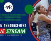 Tune in to hear six Team Vic Teams announced live.nnThe live broadcast will commence at 4:00 PM on Tuesday 13 June 2023. nnAustralian Football – 12 Years and Under – Girls TeamnAustralian Football – 12 Years and Under – Boys TeamnBasketball – 12 Years and Under – Girls TeamnBasketball – 12 Years and Under – Boys TeamnBasketball – 16 Years and Under – Girls TeamnBasketball – 16 Years and Under – Boys TeamnnParents, you can proudly send the link to family and friends. nTeac
