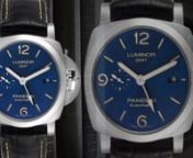 This 2020 Panerai Luminor 1950 features a striking blue dial with patina baton hour markers and Arabic numerals. It also comes with a small seconds subdial at 9 o&#39;clock and a date calendar at the 3 o&#39;clock position. The exhibition caseback shows the 3 day power reserve. A black leather bracelet completes the look.nnPanerai Luminor 1950 3 Days GMT 44mm Blue Dial Watch PAM01033:nTwo part cushion shaped stainless steel case 44.0 mm in diameter. Exhibition transperant case back. Polished Panerai pat