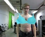 A simple Open Frameworks application using the MS Kinect depth sensing camera via libfreenect and ofxKinect.nnThe computer searches for my manboobs and draws a bra or pasties on top. Music is played when titties are detected.nnI&#39;m using OpenCV on the depth image. I look for a person-sized blob and use it&#39;s centroid to approximate a search box wherein to detect 2 boobs. The bra or pasties are drawn using the centroids of these boob blobs.A third blob detector is used to look for the hand to cha
