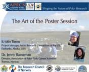 The Art of the Poster Session was presented by Kristin Timm, ARCUS, and Jenny Baeseman, Director of APECS. As many people are preparing for AGU and other conferences coming up, there is likely a lot of work being done to fit as much information on to that poster presentation as possible... this webinar will provide some simple tips on making a good poster and how to attract the most visitors.nnFor a pdf version of these slides, including a list of resources is available here: http://apecs.is/ima