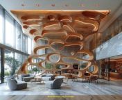 Prompt Midjourney : hotel lobby , wood flooring , wall partition , combination by solid and perforated organic pattern interior wall partition , natural light , high celling --s 500 --sref https://s.mj.run/eq2a1mz4Dpk --sw 20