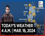 Today&#39;s Weather, 4 A.M. &#124; Mar. 16, 2024&#60;br/&#62;&#60;br/&#62;Video Courtesy of DOST-PAGASA&#60;br/&#62;&#60;br/&#62;Subscribe to The Manila Times Channel - https://tmt.ph/YTSubscribe &#60;br/&#62;&#60;br/&#62;Visit our website at https://www.manilatimes.net &#60;br/&#62;&#60;br/&#62;Follow us: &#60;br/&#62;Facebook - https://tmt.ph/facebook &#60;br/&#62;Instagram - https://tmt.ph/instagram &#60;br/&#62;Twitter - https://tmt.ph/twitter &#60;br/&#62;DailyMotion - https://tmt.ph/dailymotion &#60;br/&#62;&#60;br/&#62;Subscribe to our Digital Edition - https://tmt.ph/digital &#60;br/&#62;&#60;br/&#62;Check out our Podcasts: &#60;br/&#62;Spotify - https://tmt.ph/spotify &#60;br/&#62;Apple Podcasts - https://tmt.ph/applepodcasts &#60;br/&#62;Amazon Music - https://tmt.ph/amazonmusic &#60;br/&#62;Deezer: https://tmt.ph/deezer &#60;br/&#62;Tune In: https://tmt.ph/tunein&#60;br/&#62;&#60;br/&#62;#TheManilaTimes&#60;br/&#62;#WeatherUpdateToday &#60;br/&#62;#WeatherForecast