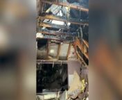 Shocking video footage shows the extensive damage to a home after a fire, believed to be caused by a lighting strike, ripped through the top of the property.