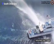 The Philippines said the China Coast Guard fired water cannon Tuesday at two of its vessels, causing damage to one of them, during a patrol near a reef off the Southeast Asian country.&#60;br/&#62;&#60;br/&#62;The incident happened near the China-controlled Scarborough Shoal, which has become a potential flashpoint in the disputed South China Sea, during a mission to resupply Filipino fishermen.
