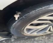 A person driving their car ended up getting their car&#39;s tire punctured while avoiding a pothole. When they moved a bit sideways and drove past the pothole, they heard a sudden sound and realized someone&#39;s car keys on the road had just ruined the tire.